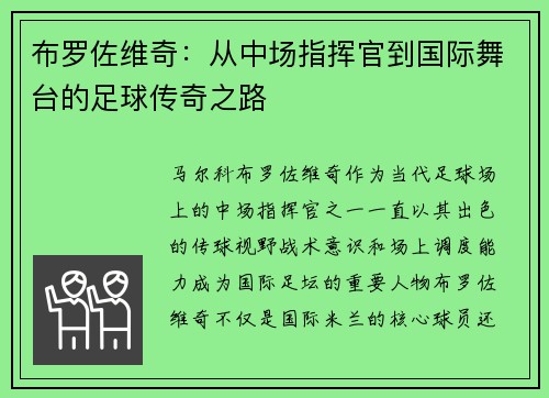 布罗佐维奇：从中场指挥官到国际舞台的足球传奇之路